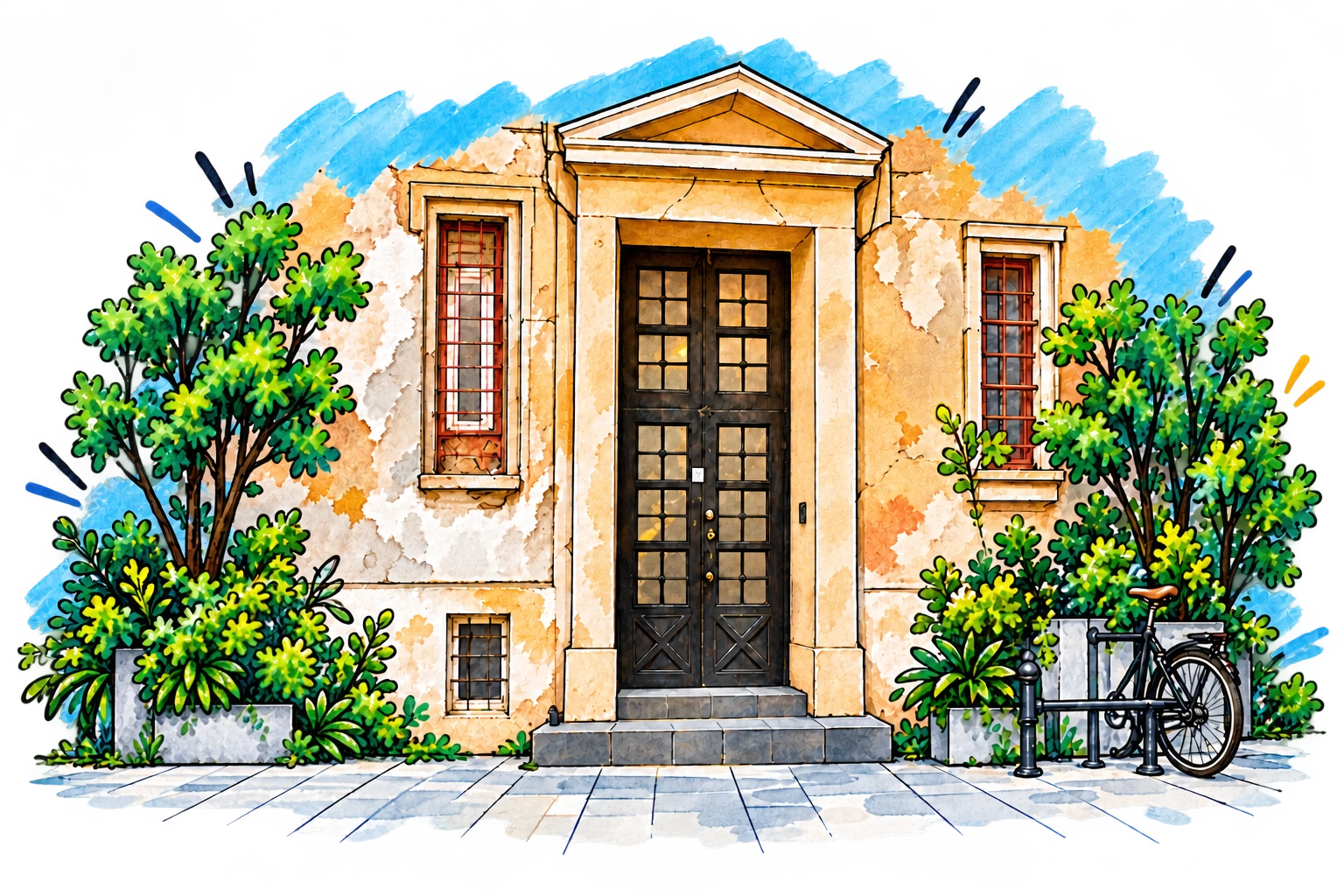Watercolour illustration of the B34 facade, trees and bicycle