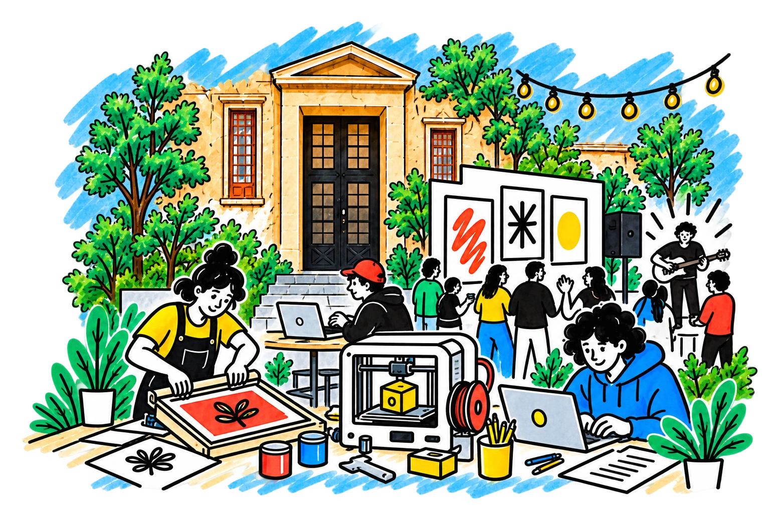 Illustration of makers, creative technology, art and events at B34