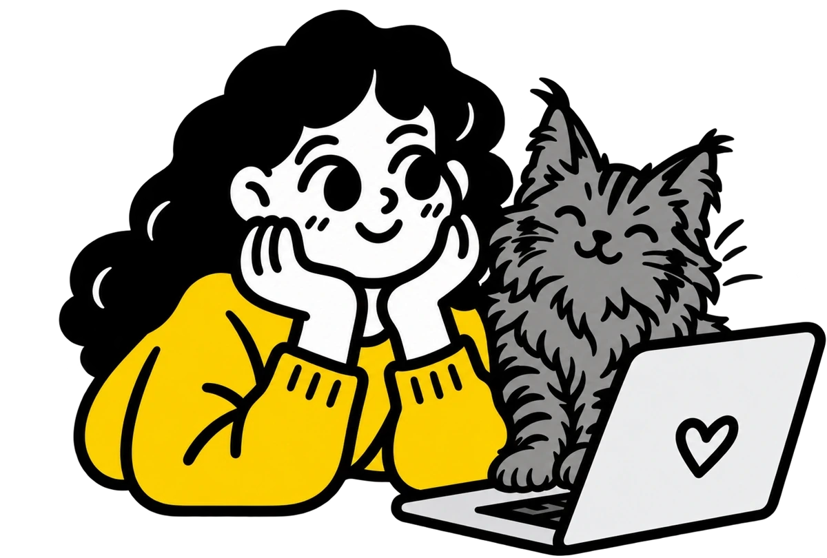 Illustration of a girl in a yellow sweater with a fluffy grey Maine Coon cat and a laptop